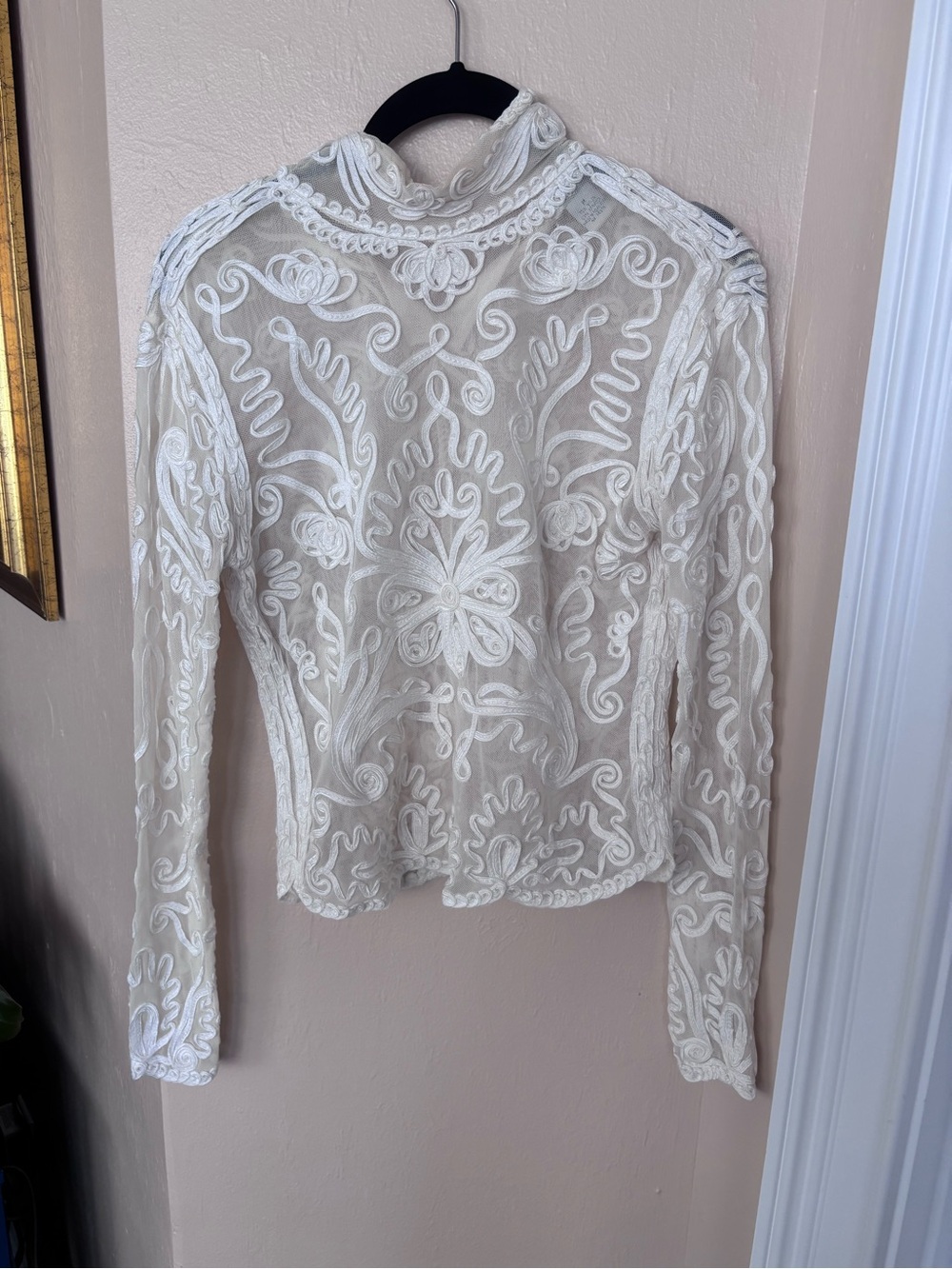 Cache White Embroidered Sheer Mock-Neck Long Sleeve Blouse